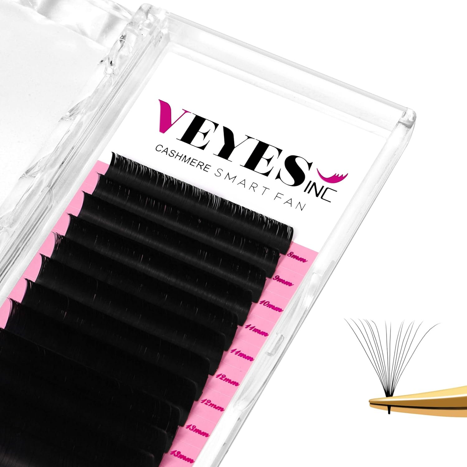 VEYES INC Cashmere Smart Fan Lash Extensions 0.03 0.05 0.07 C/CC/D Curl 8-20mm Mixed & Single Length, Super Matte Black Volume Lashes, Professional Supplies for Lash Techs (0.03 C 14mm)
