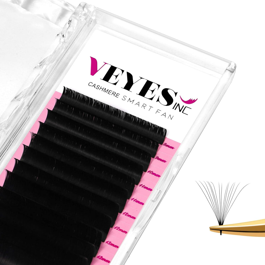 VEYES INC Cashmere Smart Fan Lash Extensions 0.03-0.07 C/CC/D Curl 8-20mm Mixed & Single Length, Super Matte Black Volume Lashes, Professional Supplies