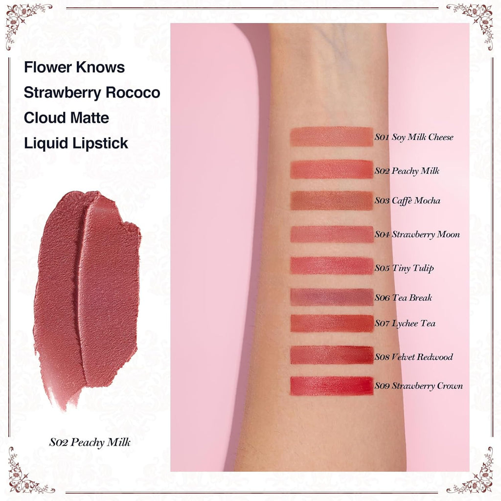 Flower Knows Strawberry Rococo Cloud Lip Cream,Velvety Matte Liquid Lipstick,Nude Lipstick,Long Lasting Lip Stain,Kiss-proof Blurred Lipstick for Girls&Women,0.12 Fl Oz(S02 Peachy Milk)