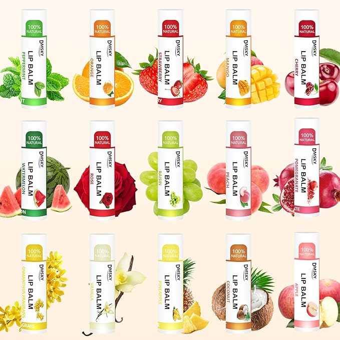 Dmsky DMSKY 30 Pack Lip Balm, Natural Lip Balm Bulk with Vitamin E and Coconut Oil 15 Flavors, Lip Care Product, Moisturizing Soothing Chapped Lips