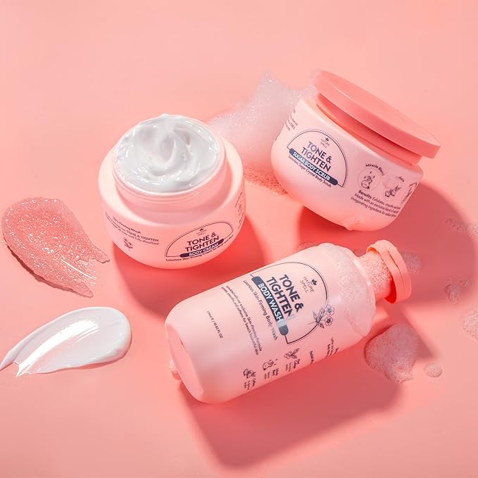 Nature Spell Tone & Tighten Skin Firming Gift Set – Body Wash, Sugar Body Scrub, & Body Cream - Skin-Firming Trio Infused with Hyaluronic Acid, Ginseng Extract & Plant Collagen