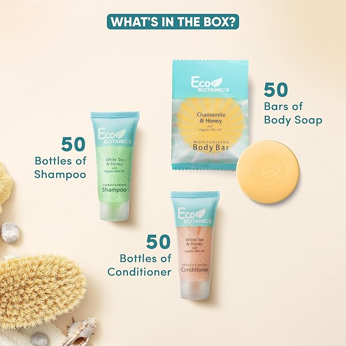 Eco Botanics Soaps & Toiletries Bulk Set | 1-Shoppe Amenities Kit for Hotels & Vacation Rentals | 0.85 oz Shampoo & Conditioner, 0.89 oz Bar Soap | Travel Size | 150 Pieces