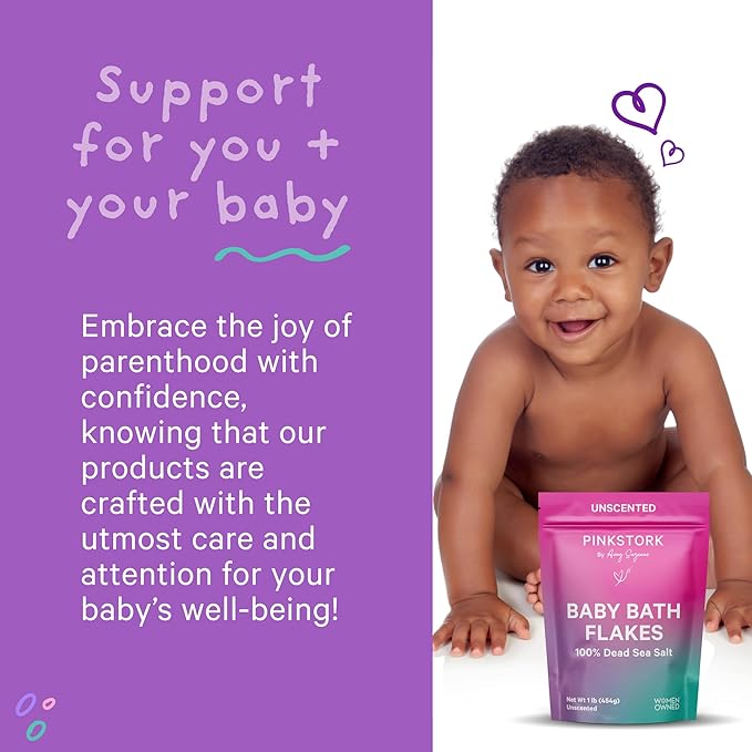 Pink Stork Baby Bath Flakes, Calming Fragrance Free Magnesium Bath Salts for Infants and Toddlers to Help Soothe Diaper Rash, Irritation, and Support Restful Sleep Without Melatonin - 16 oz