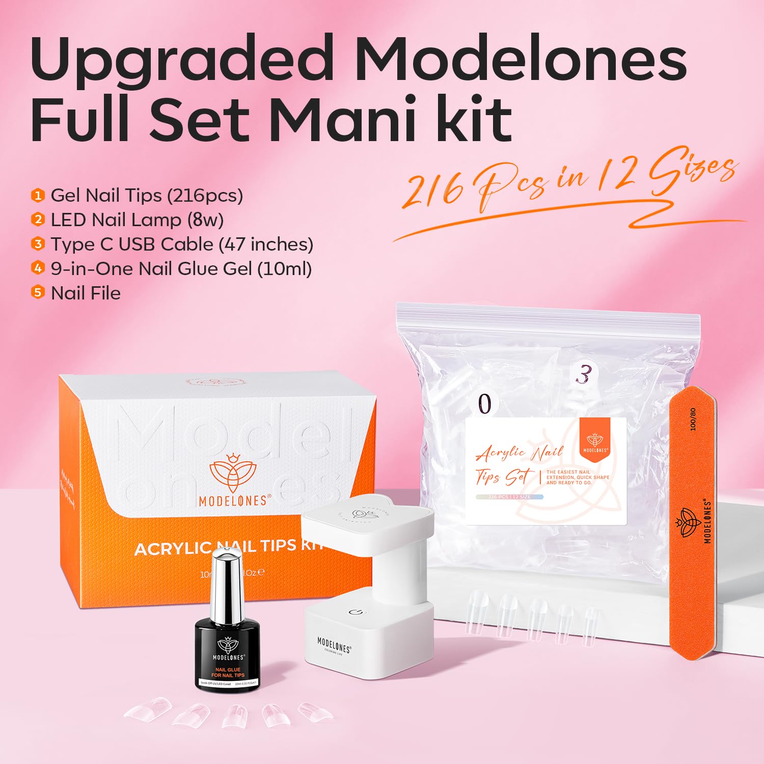 modelones Short Square Gel Nail Tips Kit, 9-in-One Nail Glue with Portable U V Lamp 216Pcs 12Sizes Pre-Etched Press ons Fake Acrylic Extension Kit DIY Salon Gift for Women