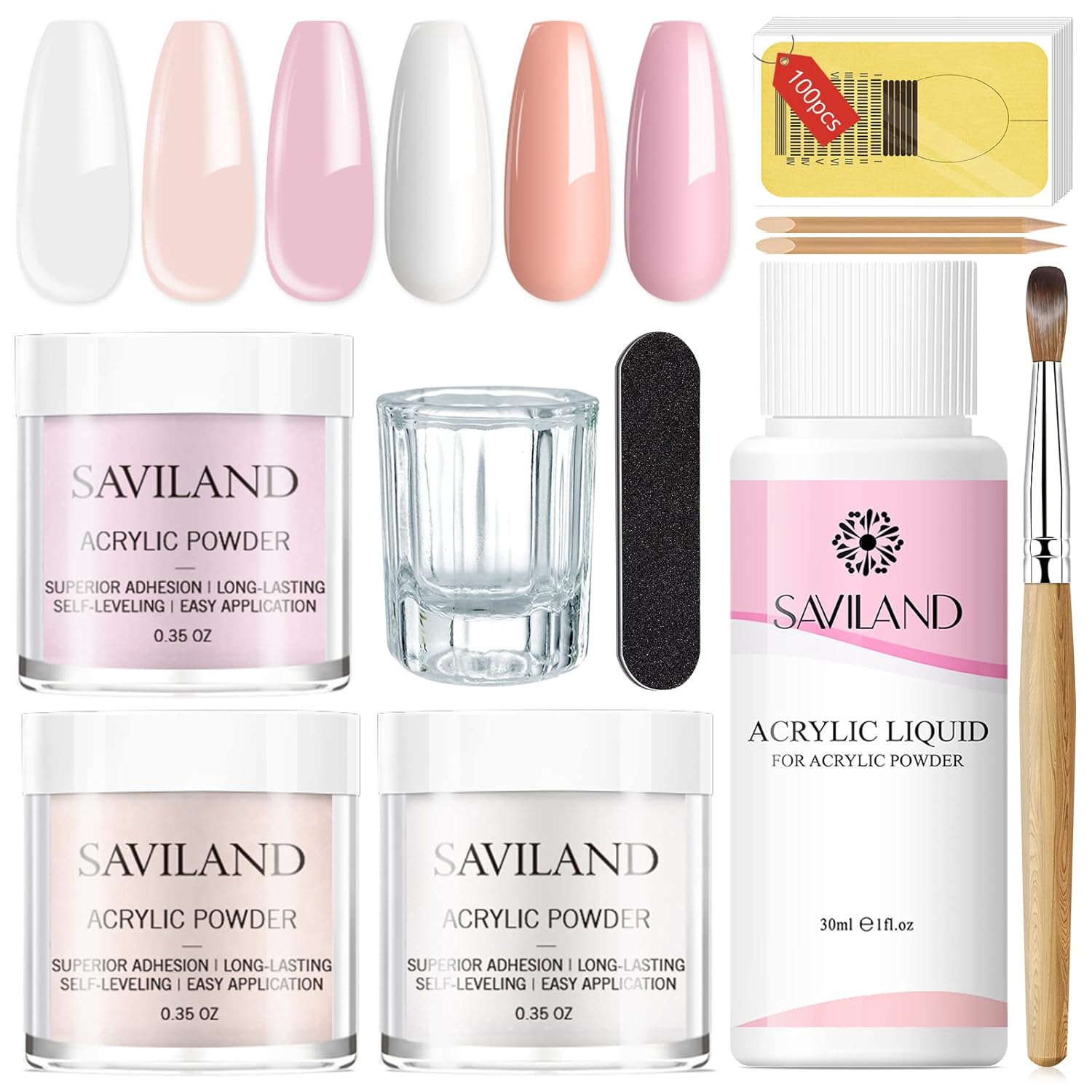 Saviland Acrylic Nail Starter Kit: Clear Pink Nude Acrylic Powder & Liquid, Brush, Files, Forms, Press On Nails, Home Practice Set