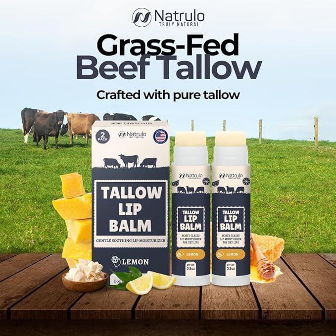 Beef Tallow Lip Balm – Natural Tallow Beeswax Chapstick – Hydrating Moisturizer Grass Fed Beef Tallow Balm Lip Care – Soothes Chapped Dry Sensitive Lips – Long Lasting Vitamin Rich USA-Made 2Pk Lemon