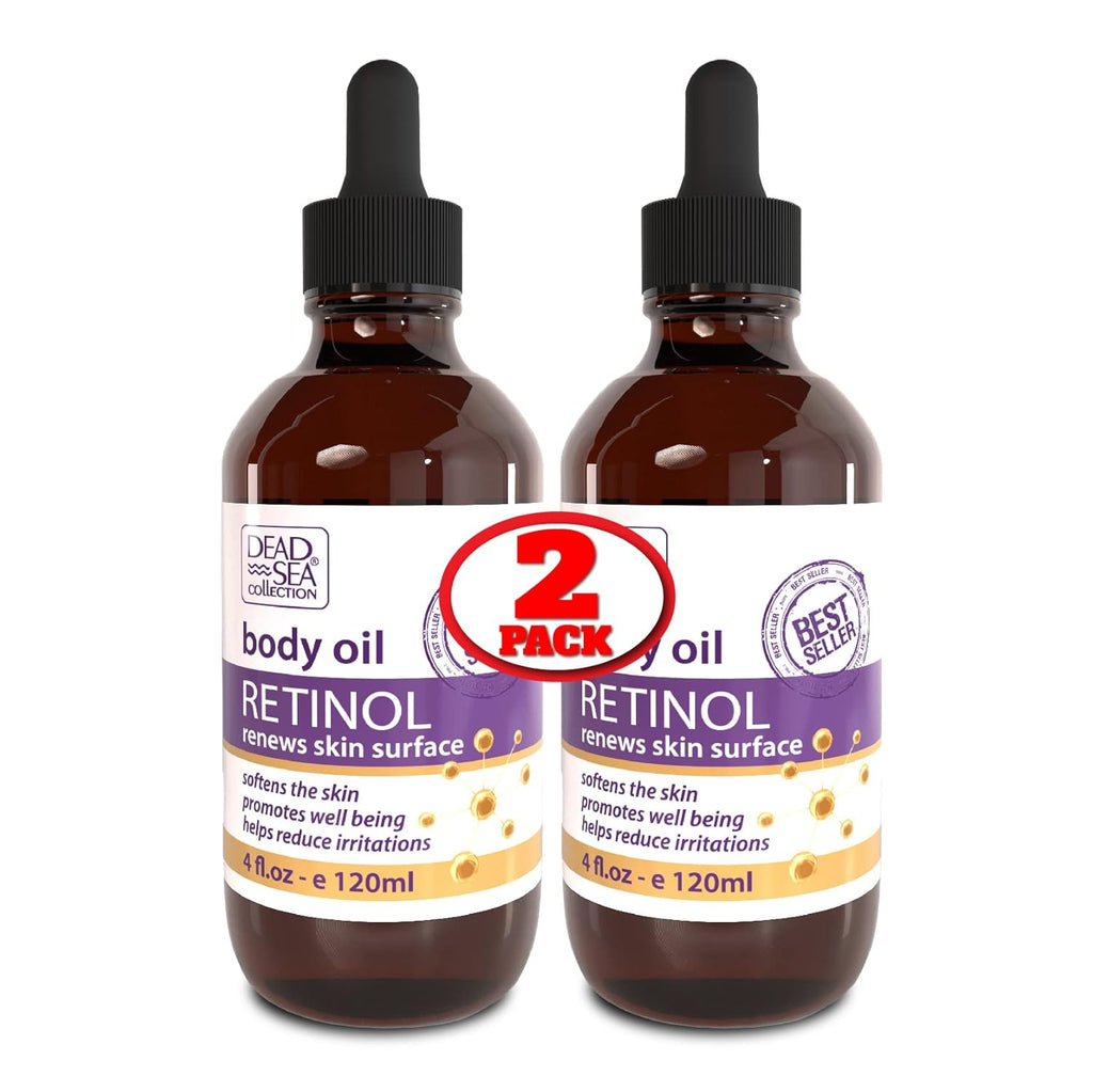 Dead Sea Collection Body Oil for Dry Skin - Retinol & Vitamin E, A Moisturizing Oil for Face, Anti-Aging - Skin Elasticity Support, Renews Skin Surface & Softens Pack of 2 (4 Fl. Oz Each)
