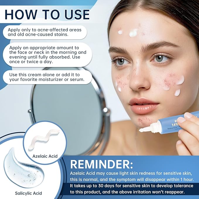 14% Azelaic Acid Acne Cream, Azelaic Acid Serum with Hyaluronic Acid, Niacinamide & Squalane, Reduce Acne, Pore Refining & Oil Control, Face Moisturizer for All Skin Types, 30ML