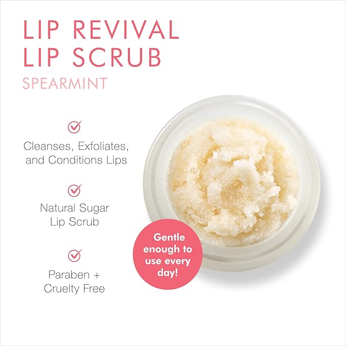 Beauty For Real Lip Revival, Spearmint - Exfoliating & Hydrating Sugar Lip Scrub - For Dry, Chapped or Lipstick-Stained Lips - With Essential Oils - Organic, Vegan - 0.15 oz
