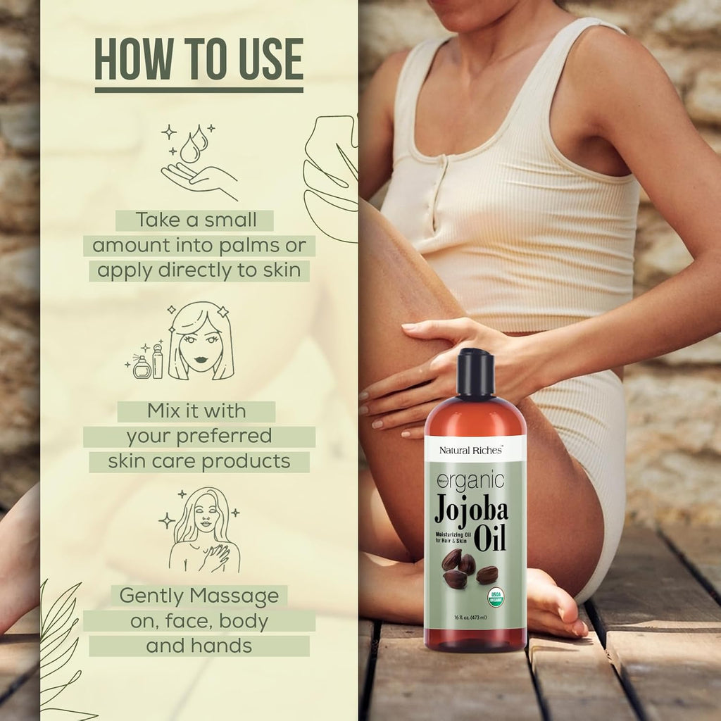 Natural Riches Organic Jojoba Oil, Pure (16 oz) | Moisturizing Oil for Face, Hair, Skin & Nails Cold Pressed Hexane Free Base Carrier oil.