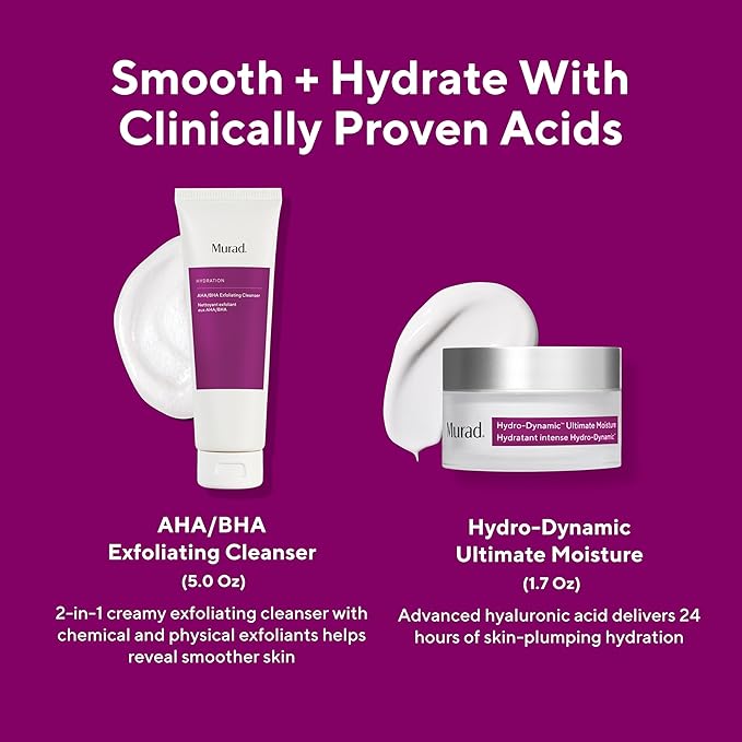 Murad Smooth + Hydrate - 2-Piece Full-Sized Set ($122 Value) - Exfoliatng Acids to Polish Dull Skin and Deliver Critical Hydration - AHA/BHA Cleanser 5.0Fl Oz, Hydro-Dynamic Moisture 1.7Fl Oz