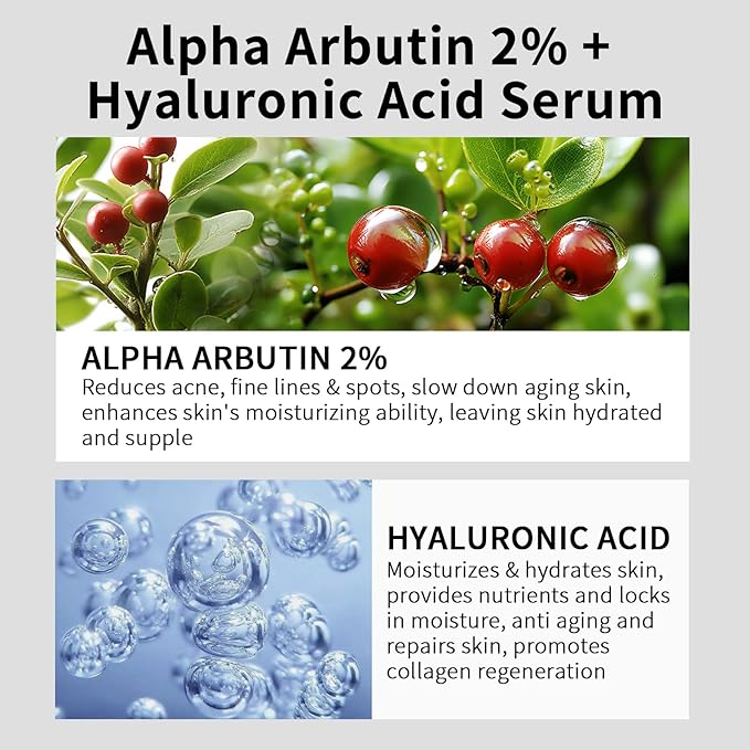 Alpha Arbutin 2% + HA Serum for Anti Aging & Wrinkles, 2 PCS Moisturizing Alpha Arbutin Serum 2%, Hyaluronic Acid, Niacinamide for Acne & Spots, Hyaluronic Acid Essence for Face.