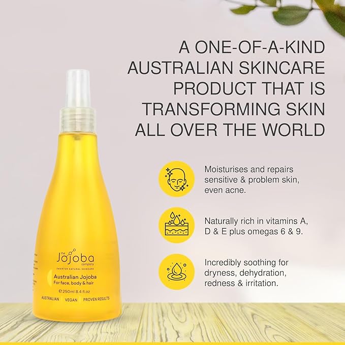 Jojoba 100% Pure Australian Oil 250ml – Cold-Pressed Natural Oil for Face, Hair & Body – Lightweight, Non-Greasy, Hypoallergenic Moisturizer – Sustainably Grown & Bottled in Australia