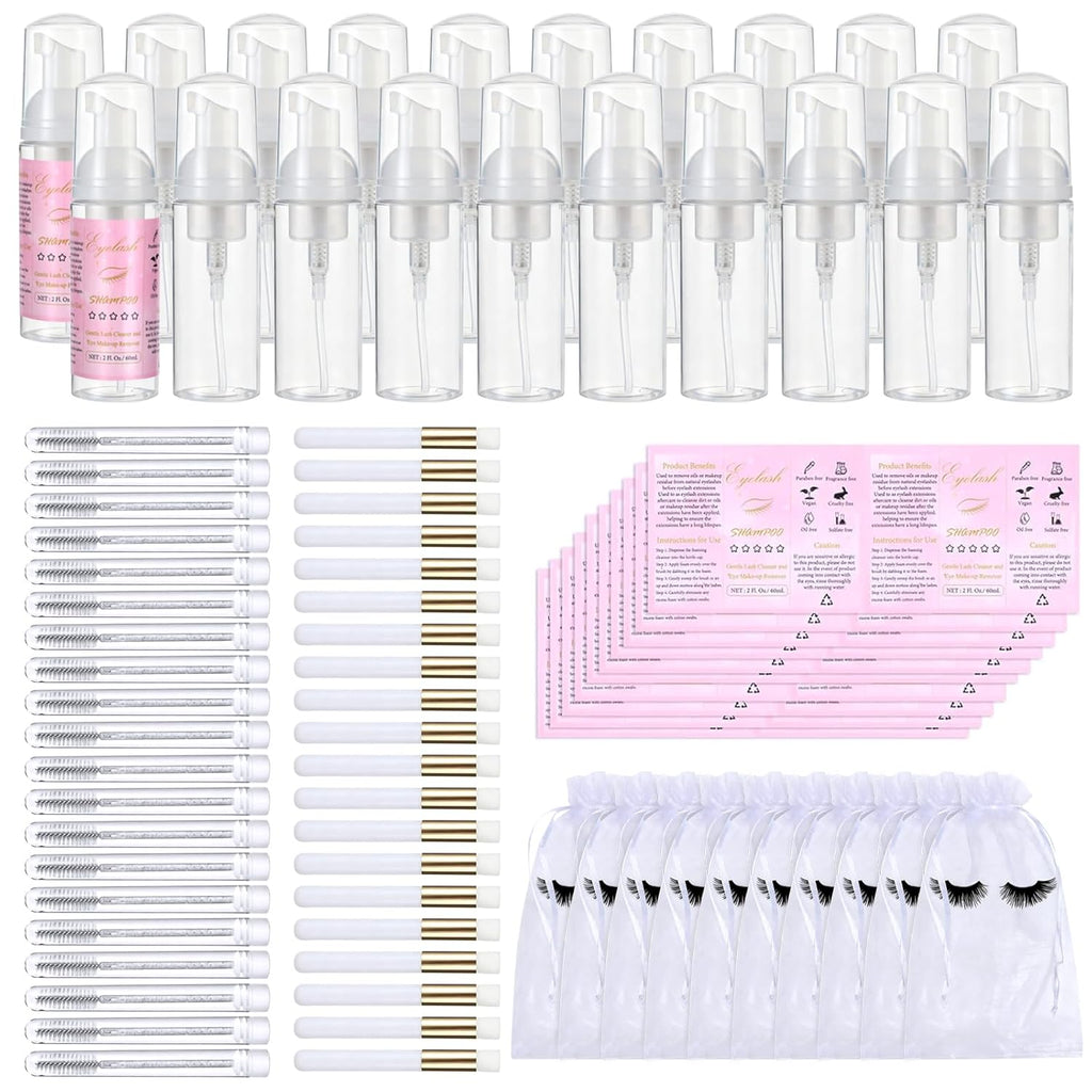 100 Pcs Lash Shampoo Bottle Brushes Set 20 Empty Foam Pump Dispensers 20 Label Stickers 20 Mascara Wands and Tubes 20 Cleansing Brush 20 Bag for Eyelash Extensions Aftercare(White)
