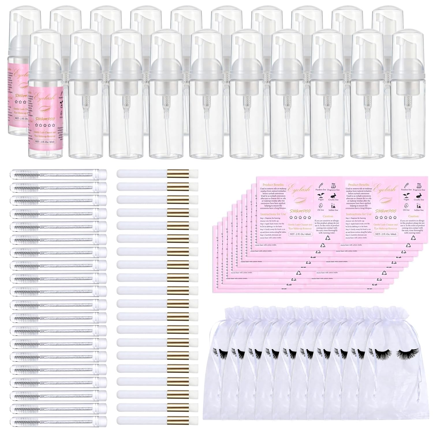 100 Pcs Lash Shampoo Bottle Brushes Set 20 Empty Foam Pump Dispensers 20 Label Stickers 20 Mascara Wands and Tubes 20 Cleansing Brush 20 Bag for Eyelash Extensions Aftercare(White)