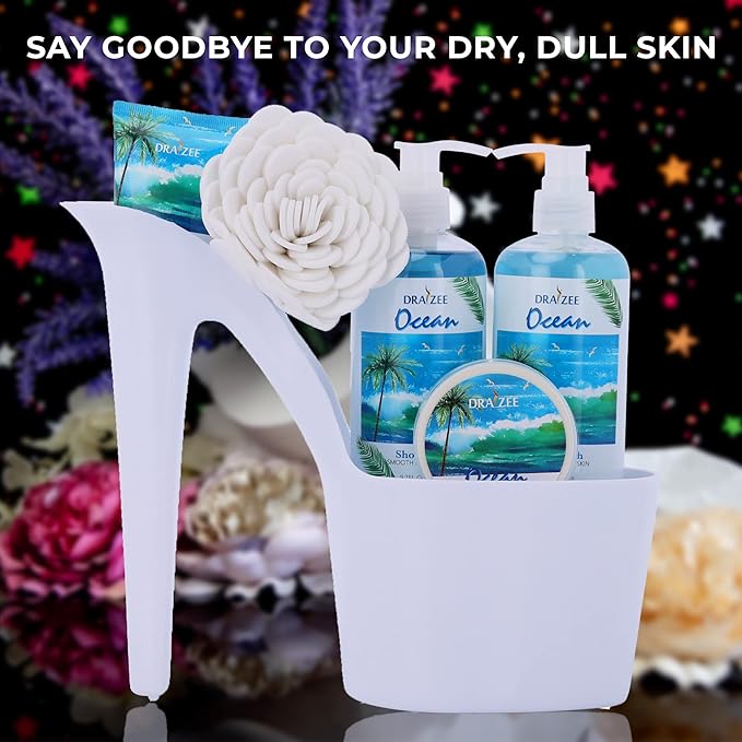 Draizee Mothers Day Gifts for Mom - Spa Gift Baskets for Women - 8 Pcs Luxury Ocean Scented Heel Shoe Design Bath and Body Spa Set-Self Care Package for Women, Presents for Mom, Body Care Set for Her