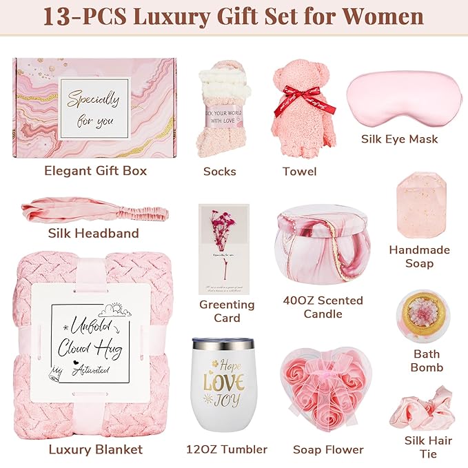 Birthday Gifts for Women - Luxury Self Care Gift Basket for Her, Mom, Sister, Bestied Coworker - Unique Spa Care Package with Flannel Blanket - Ideal for Mother's Day, Get Well Soon