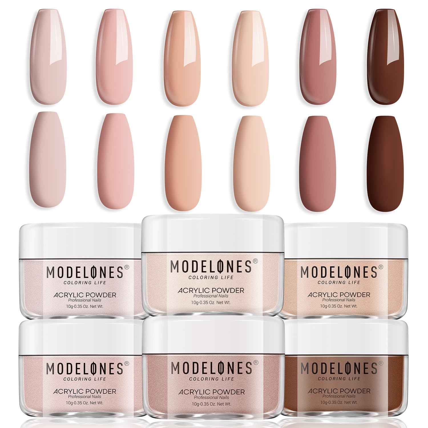 Modelones Acrylic Powder 6 Colors Acrylic Nail Powder Kit Skin Tones Brown Neutral Milky Daily Elegant Nail Acrylic Powder for 3D Acrylic Nail Art Nail Extension No Nail Lamp Needed