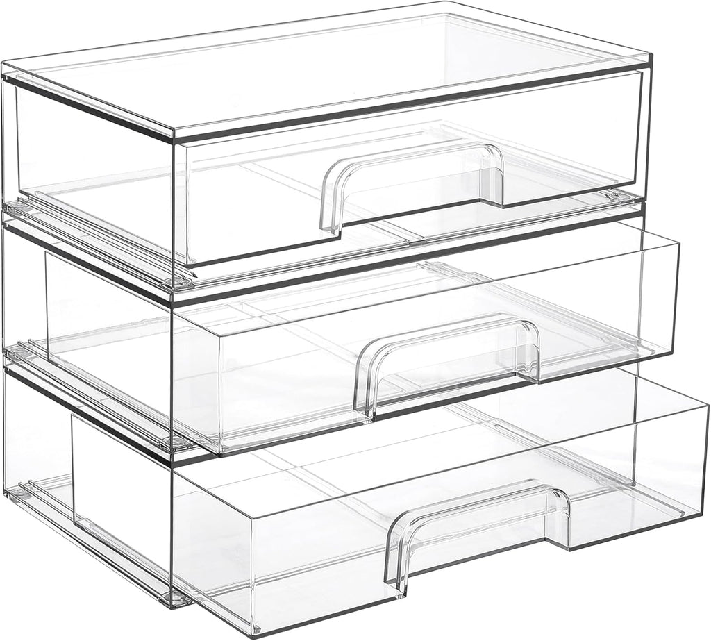 Vtopmart 12.1''W Clear Stackable Storage Drawers,3 Pack Acrylic Plastic Organizers Bins for Makeup Palettes, Cosmetics, and Beauty Supplies,Ideal for Vanity, Bathroom,Cabinet,Desk Organization