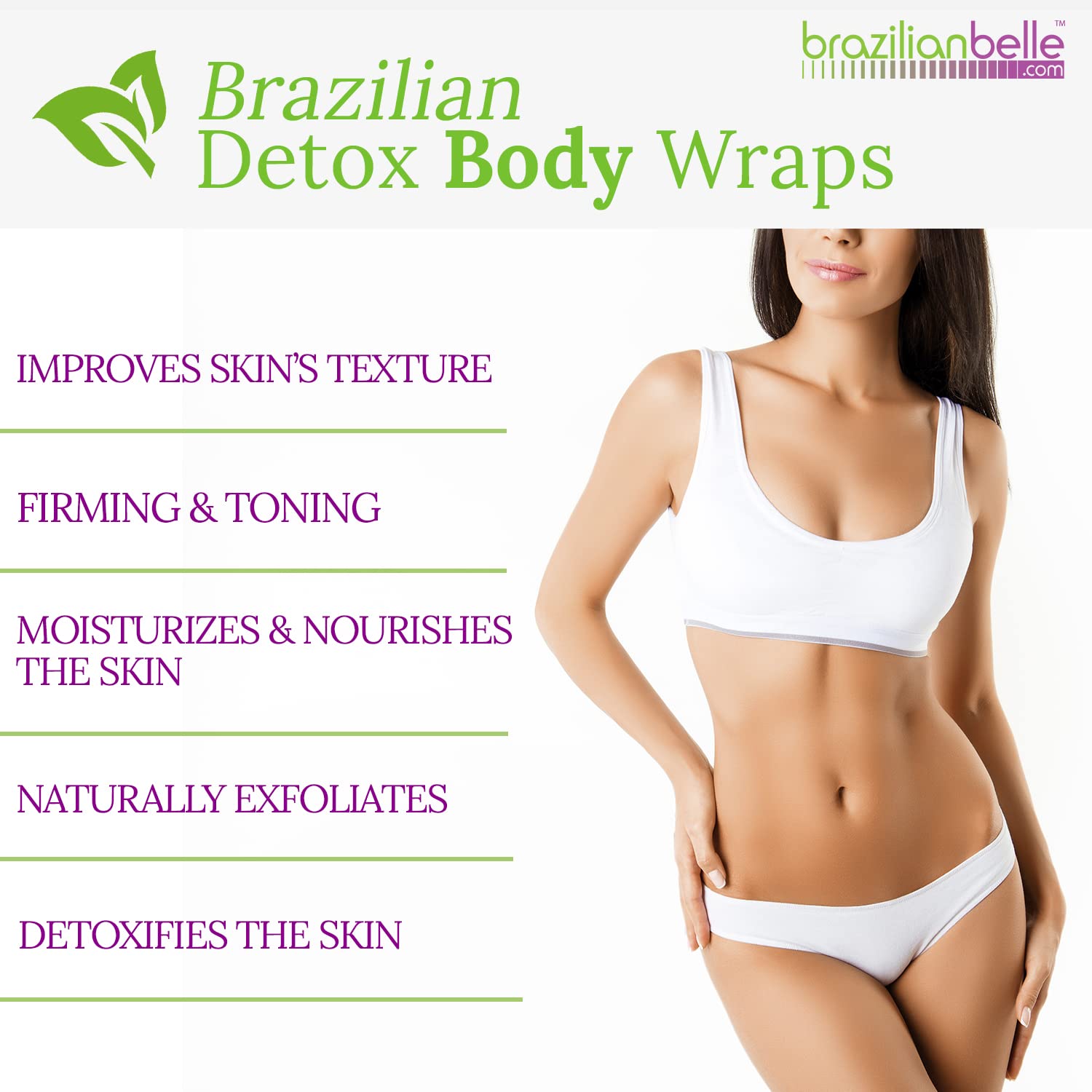 Brazilian Belle Detox Clay Body Wraps for Body Firming & Skin Tightening – Anti-Cellulite Stomach Wraps with Bentonite Clay & Aloe Vera – Complete Firming Cream Skincare Kit with up to 12 Applications