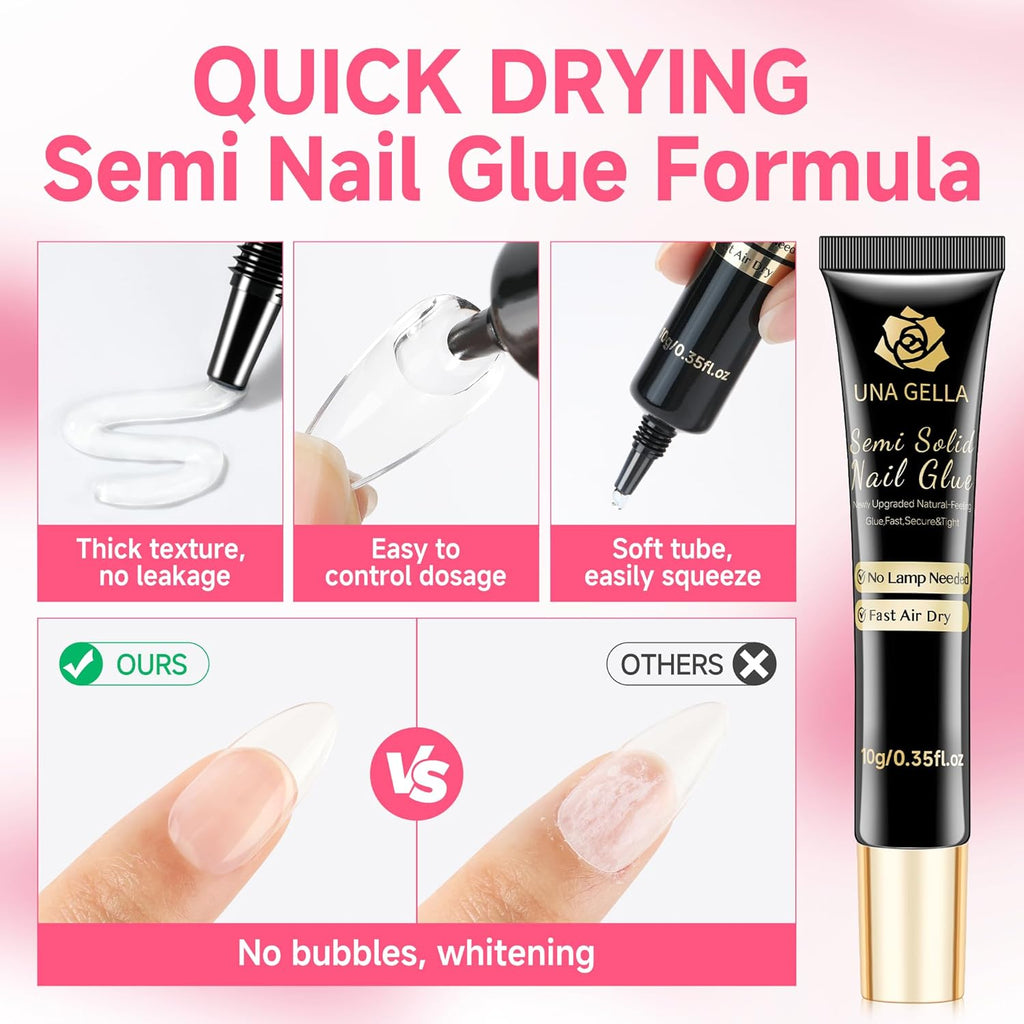 UNA GELLA No Lamp Need Solid Nail Glue for Press Ons: Nails Acrylic Nails Super Strong Semi Nail Glue Gel Fast Curing 10ml*2pcs Long Lasting Gel Glue Kit