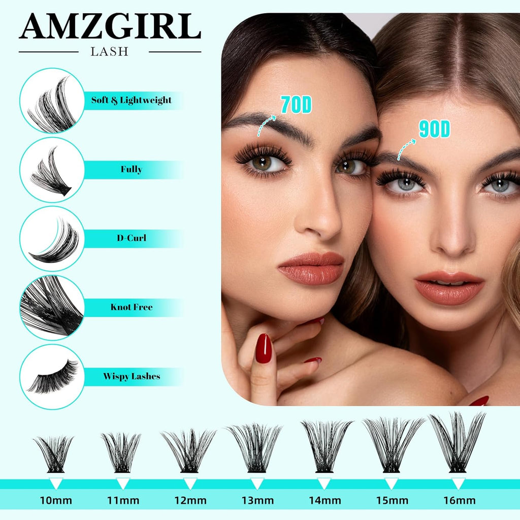 Lash Clusters Kit 320Pcs 70D 90D,DIY Individual Eyelash Extension Kit, Cluster Lashes with Lash Bond and Seal, Lash Remover and Lash Applicator Tool For False Eyelash Cluster Kit (D-Mix10-16mm)