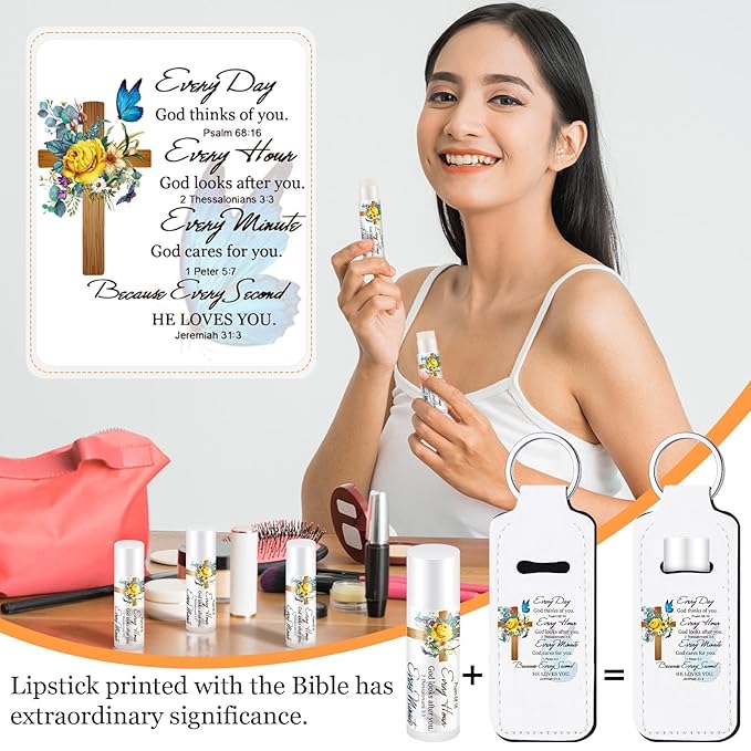 18 Sets Christian Gifts for Mom Bulk Women Church Gifts Scripture Bible Verse Lip Balms Lipstick Holder Keychains Faith Religious Inspirational Party Favors for Teacher Mother(Everyday)