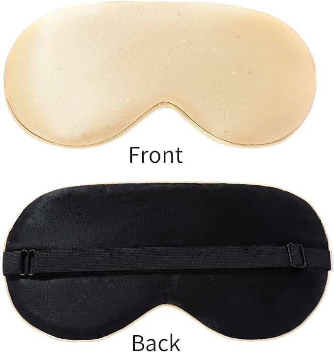 2-Pack 100% Real Natural Silk Eye Mask, Silk Sleeping Mask, Shade Puffy Eye Gift with Adjustable Straps, Sleep Eye Mask, SHJINJU Eye Mask Shade (Black and Champagne)