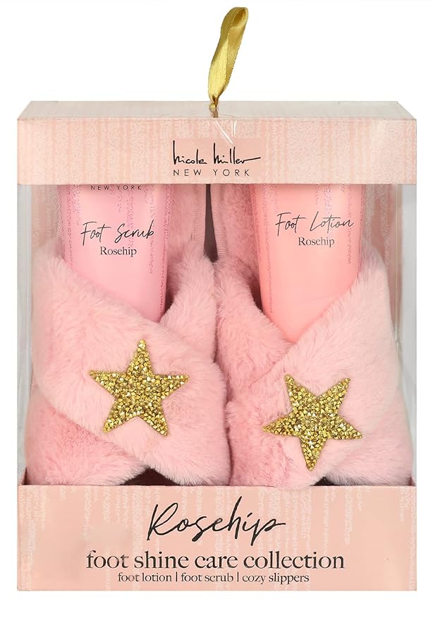Nicole Miller Bath and Body Present Set Piece Foot Spa Set with Fuzzy Slippers, a Sponge, Foot Lotion, and Foot Scrub, Rosehip with Sparkle Star Slippers