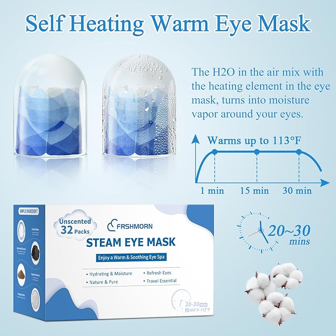 32 Packs Steam Eye Mask, Heated Eye Mask for Sleeping, Warm Compress for Eyes, Self Heating Disposal Eye Mask Comfortable Sleep Mask for Home, Office, Spa, Travel Essentials (Unscented)