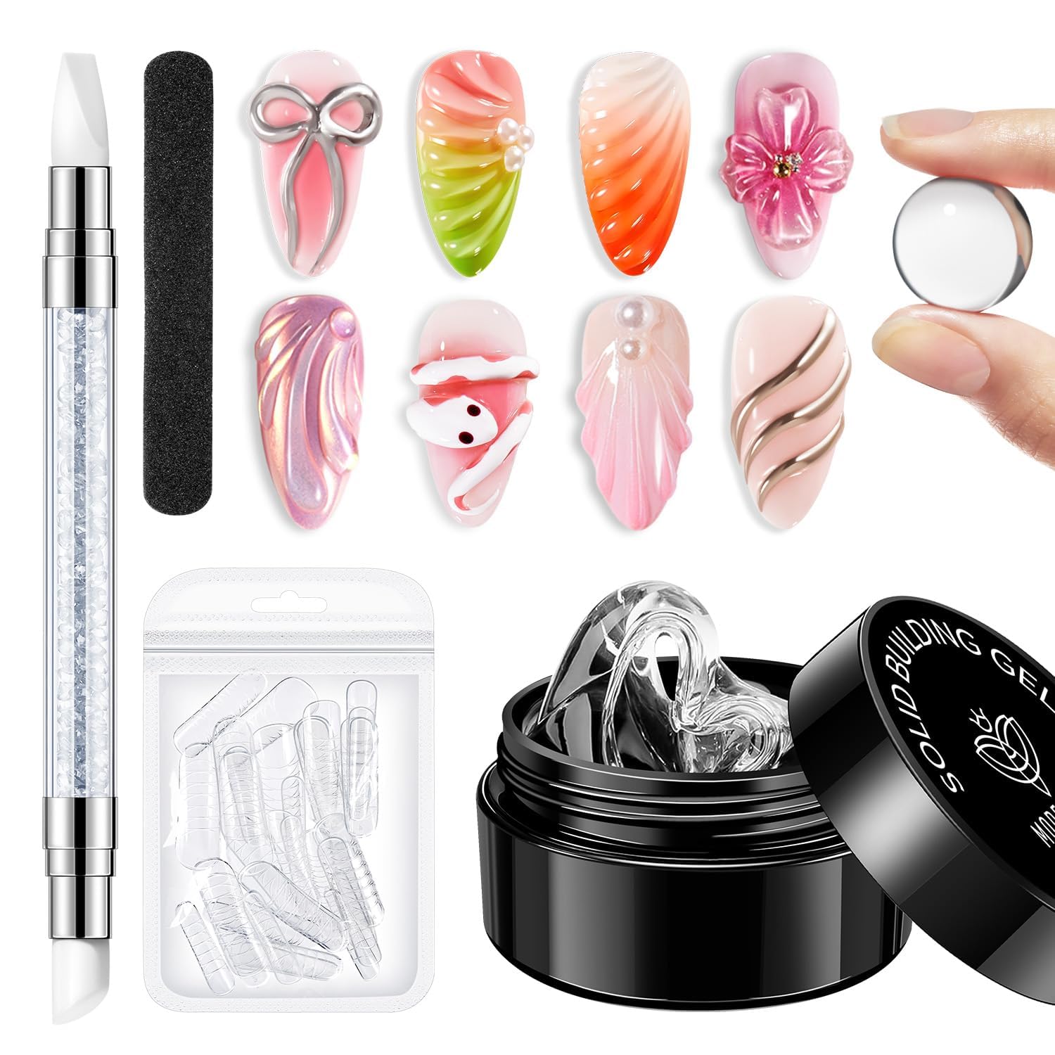 modelones 3D Gel Nail Art Kit, Hard Sculpting Gel for Nail Art Extensions & Molding Non-Sticky for Chrome Powder, Nails Glitter Polish Salon or Home DIY Manicure Cured Needed
