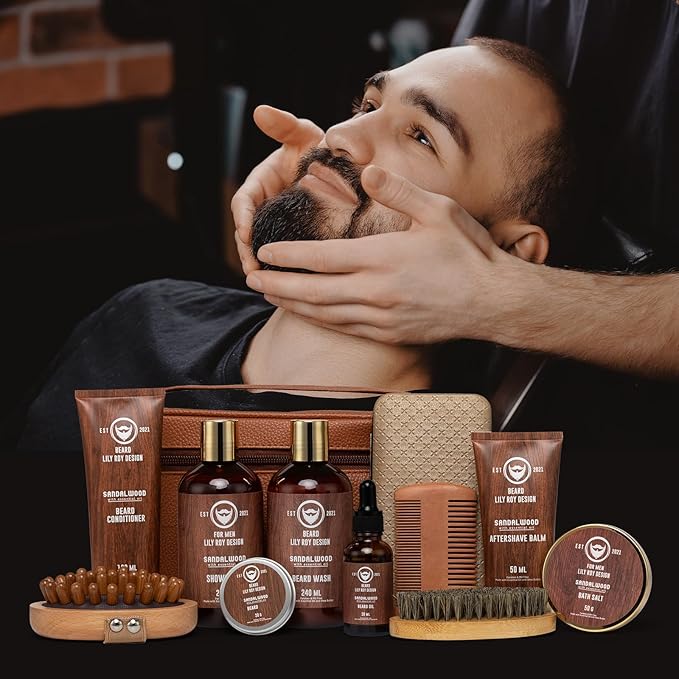 Father’s Day Gift - 12Pcs Sandalwood Men's Bath & Beard Gift Set for Men, Self Care Set with Beard Wash | Luxury Grooming Kit for Dad, Husband, Boyfriend, Christmas, Valentine’s, Birthday Gift for Him