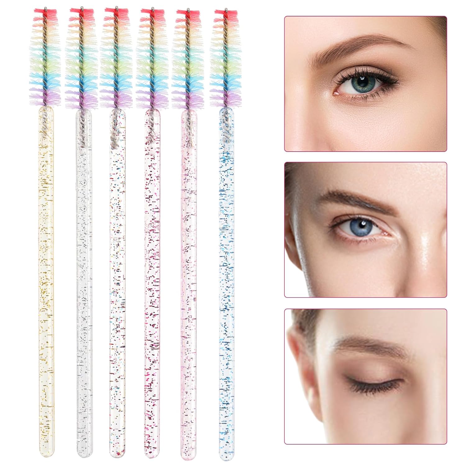 300PCS Disposable Mascara Wands Spoolie Brush Crystal Eyebrow Brushes Eyelash Extension Applicator Makeup Kits.myaokue-up (Rainbow Heads 6 Color Mix)
