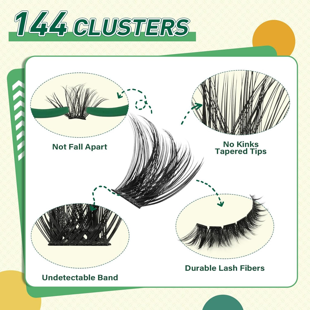 DIY Lash Extension Kit KEYYOU 144pcs Lash Clusters Eyelash Extension Kit with Mascara Brush Bond and Seal Lash Remover Lash Applicators Lash Brush for DIY Lash Extensions (Y22 Kit)