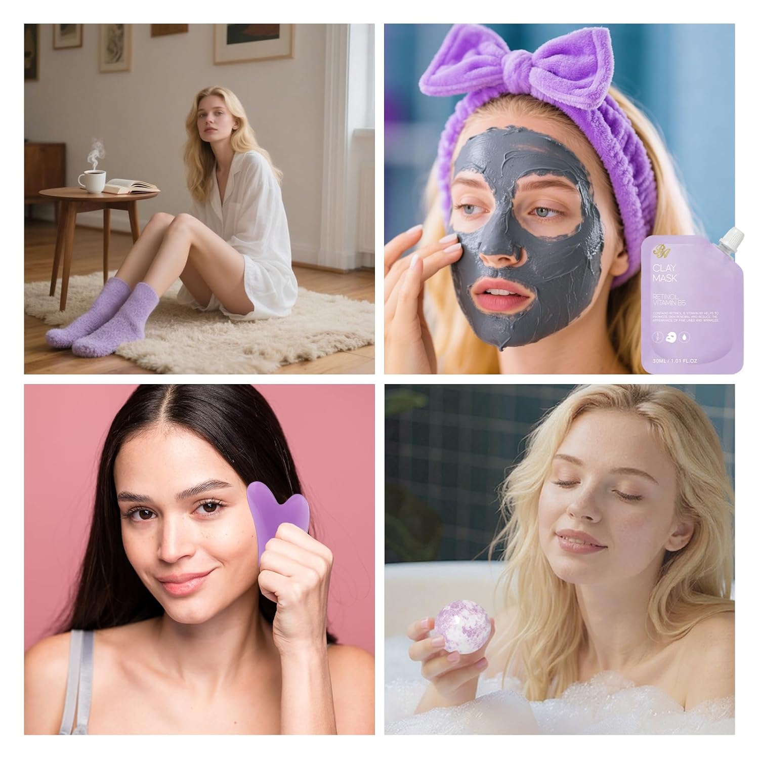 Lavender Face Sheet Mask Pack, 55Pcs Skin Care Kit for Women, Overnight Collagen Mask, Gel Lip Mask, Clay Mask, Hyaluronic Acid Face Serum, Spa Headband, Beauty Care, Christmas, Birthday, Mother Day