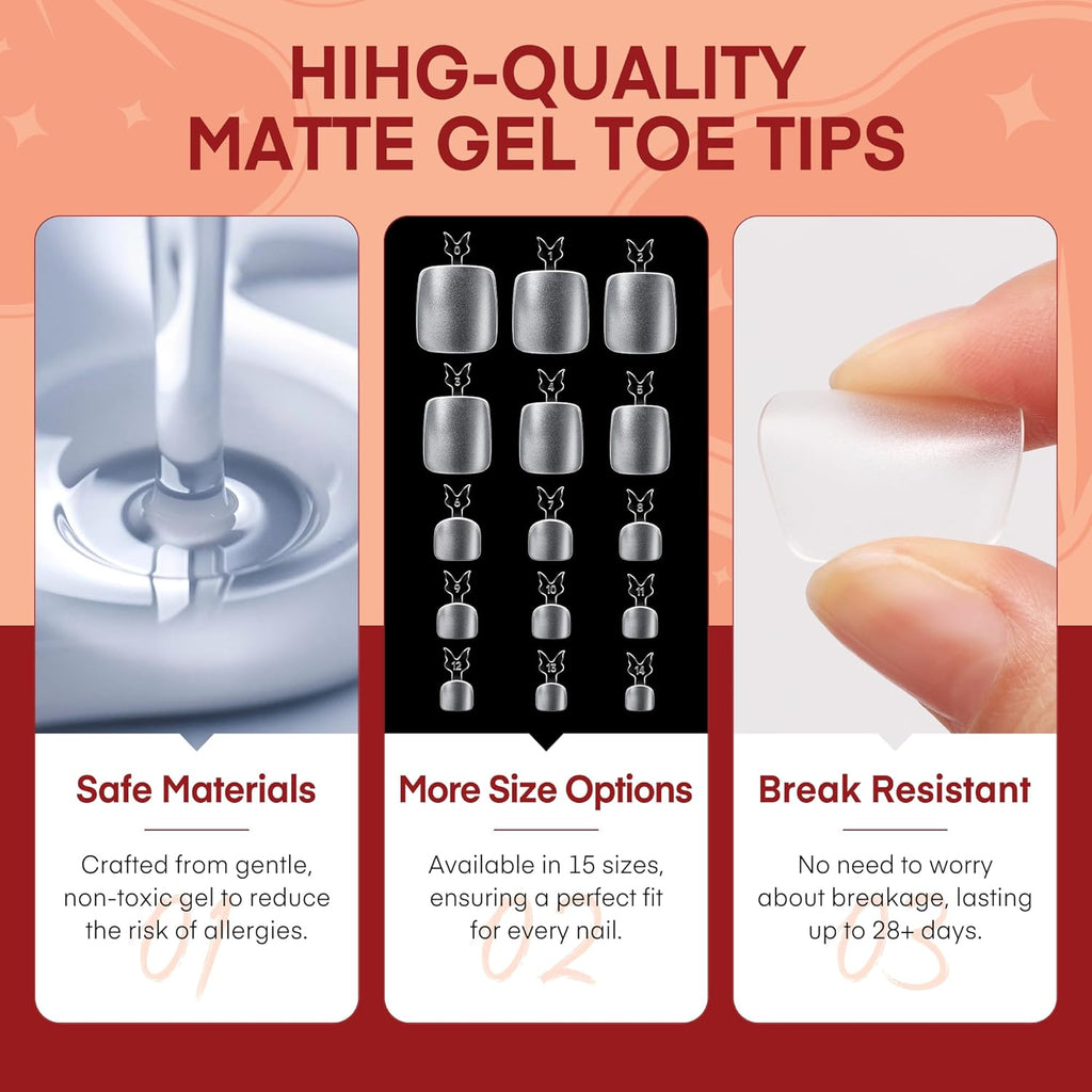 Square Toe Nail Tips 360Pcs Full Cover Big Wide Toe Nails Tips Matte Fake Toe Nail 15Sizes Soft Gel Pre-shape Clear Gel Toe Nail Press ons For Nail Extensions Home DIY Salon