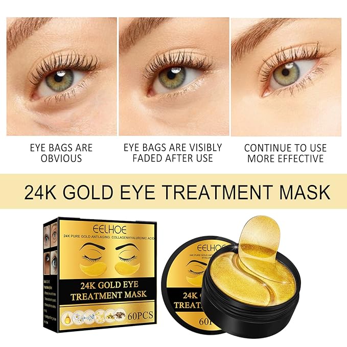 Q.Z.Art 60 Pcs 24K Gold Under Eye Patches, Anti-Aging Eye Mask Infused with Collagen and Hyaluronic Acid - Reduce Dark Circles, Puffiness, and Wrinkles