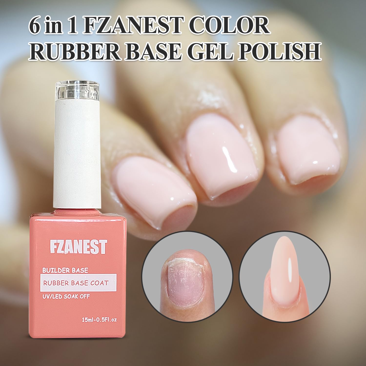 FZANEST Rubber Base Gel Polish, 6pcs*7.5ml Builder Gel Jelly Sheer Natrual Nude Pink in a Bottle UV Gel Polish Kit, Structure Quick Extension Gel