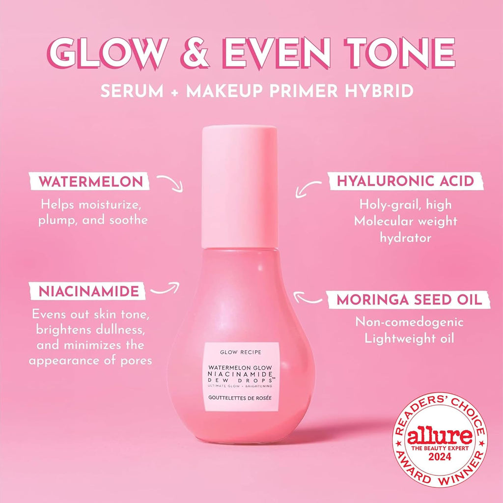 Glow Recipe Watermelon Niacinamide Dew Drops - Brightening, Plumping Hydrating Face Serum, Makeup Primer + Liquid Highlighter with Hyaluronic Acid - Dewy & Glowing Korean Skin Care (40ml)