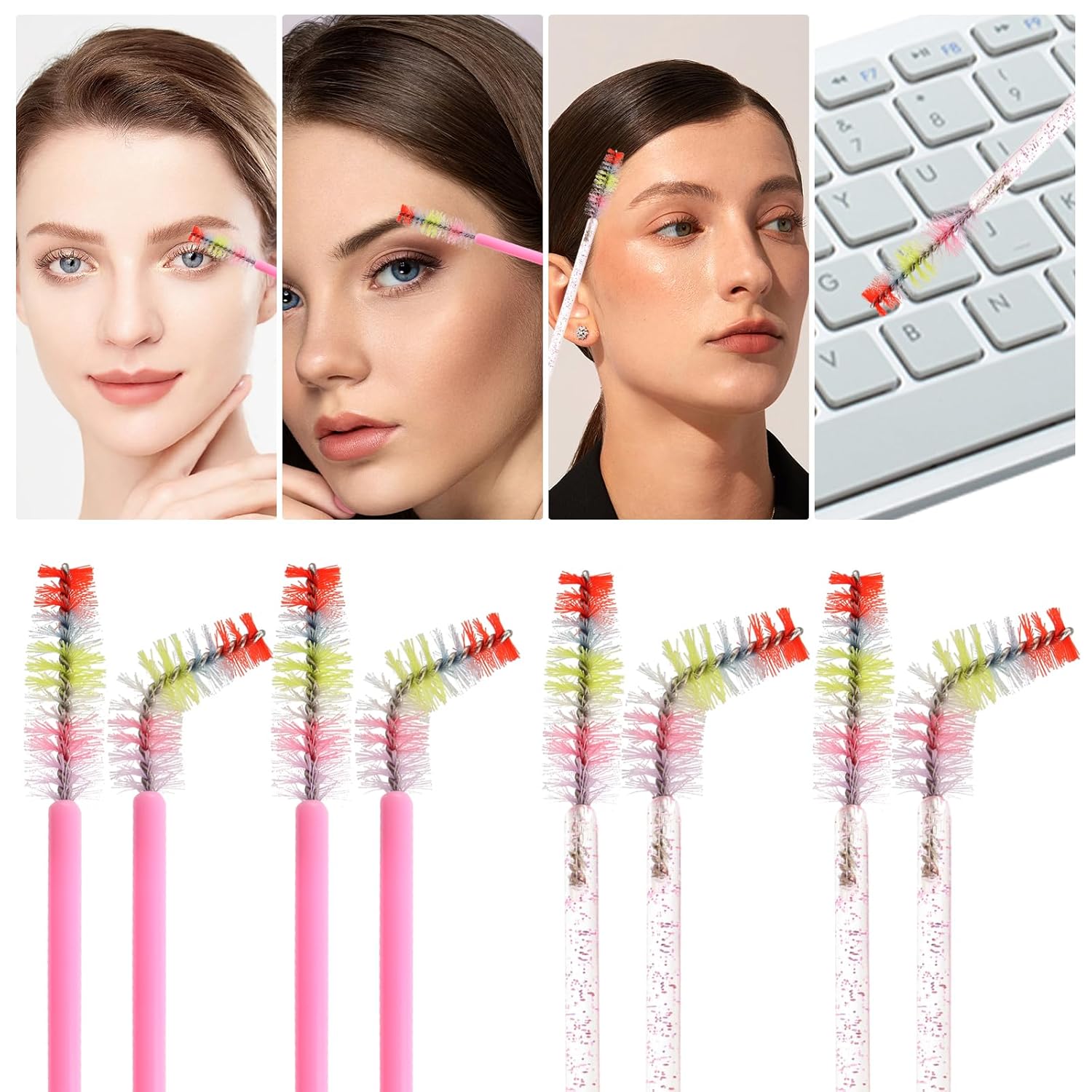 300PCS Disposable Mascara Wands Spoolie Brush Crystal Eyebrow Rainbow Brushes Eyelash Extension Applicator Makeup Kits(Pink)