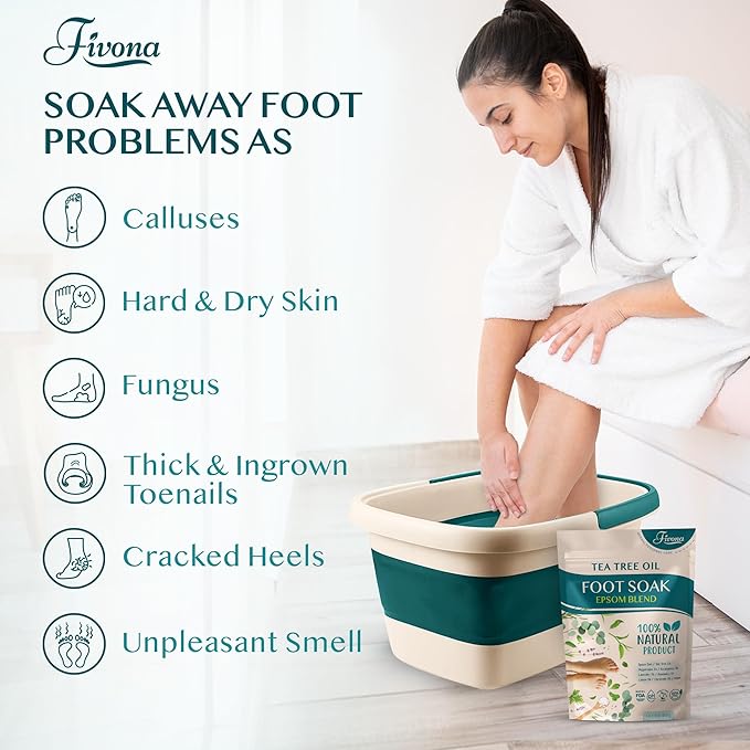 Fivona Foot Care Kit 2 in 1 - Foot Soak Blend with Epsom Salt, Tea Tree & Essential Oils - Collapsible Foot Soak Basin - Pedicure Spa Soak for Tired Feet, Cracked Heels, Stubborn Foot Calluses