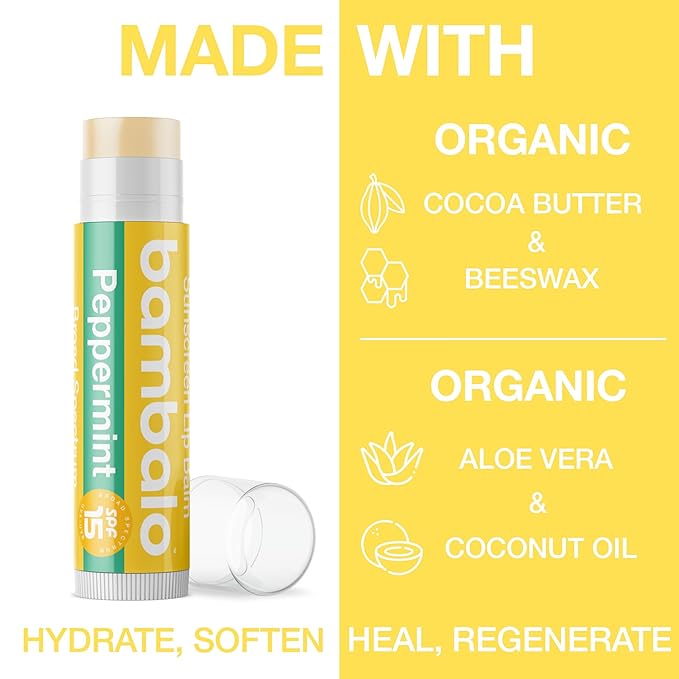 4-Pack Peppermint SPF 15 Lip Balm - Organic Ingredients, Broad Spectrum UVA/UVB Protection - Hydrating & Moisturizing, USA Made