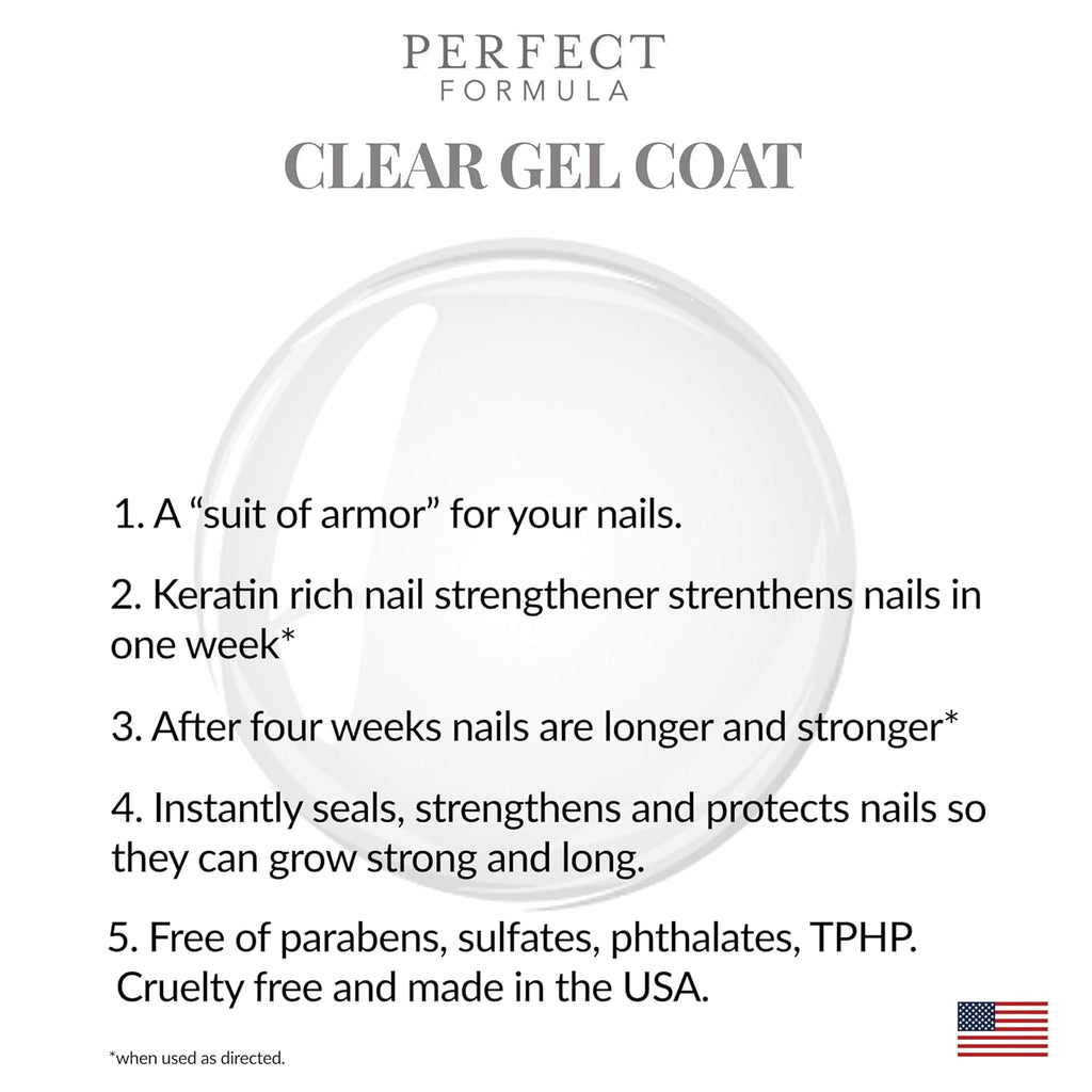 Perfect Formula Clear Gel Coat - Nail Strengthener, Keratin Treatment, Clear Nail Polish - Strengthener for Damaged Nails - Made In The USA .60 fl oz.