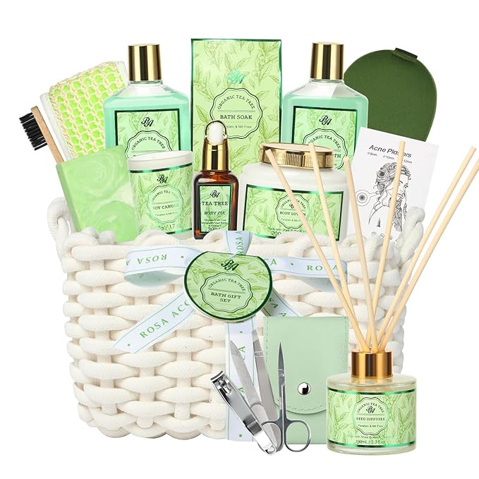 Mother's Day Gift Set, Spa Gift Set for Women & Men, 15pcs Spa Basket Set -Tea Tree Scented- includes Body Wash, Parfume Lotion, Bubble Bath, Bath Soak, Manicure Set, Gifts for Mom, Birthday Gifts