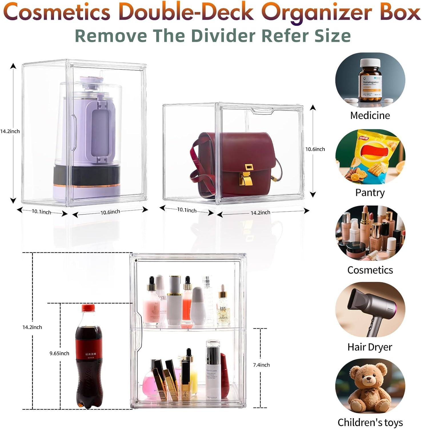 2Pack Makeup Organizer Storage, Large Capactiy Acrylic Bathroom Organizer, Clear Cosmetics Organizer Bins with Division Board for Vanity, Skincare, Countertop Storage and Display Case