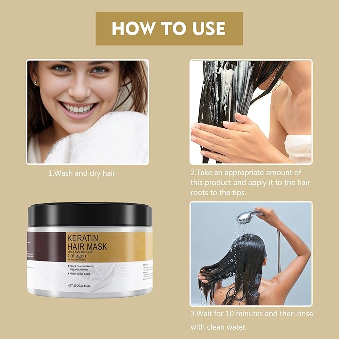 Collagen Hair Mask for Damaged Hair - Deep Repair Conditioning Argan Oil Treatment for Curly or Straight Thin Fine Hair (250ml)