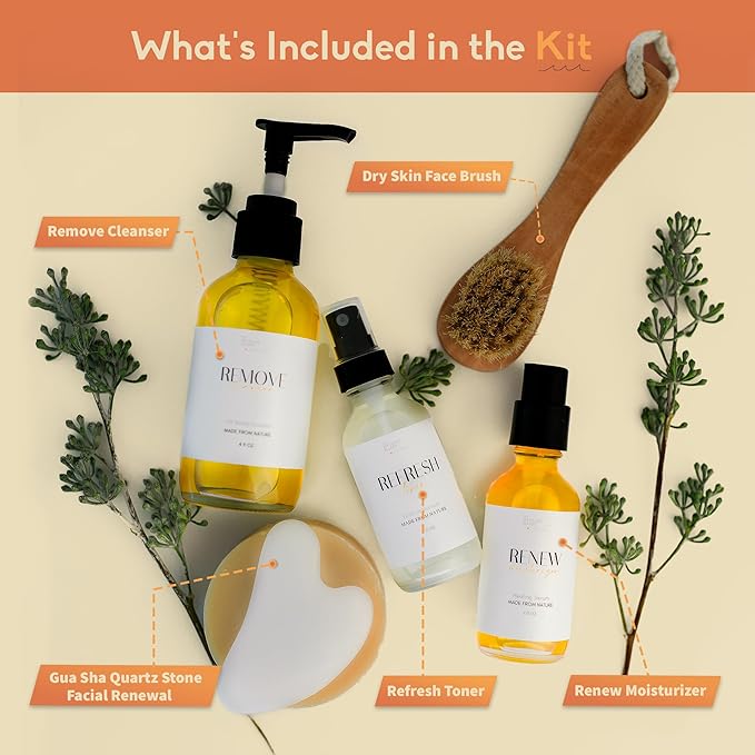 Healing Happy Method - Skin Care Set - 4 oz. Cleanser, Toner, Moisturizer, Body Oil, Gua Sha & Brush - Vegan Beauty Gift Sets - Skincare Kit for Nourished, Radiant Skin