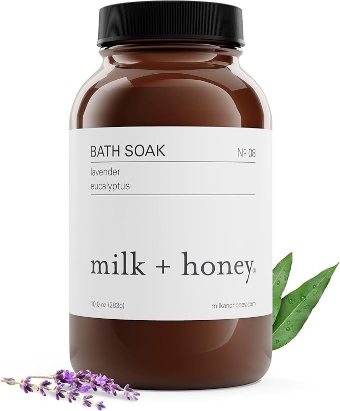 milk + honey Calming Bath Soak No. 8, Moisturizing Epsom Salt Bath Soak with Lavender and Eucalyptus Oils, Soothing and Relaxing, 10 oz