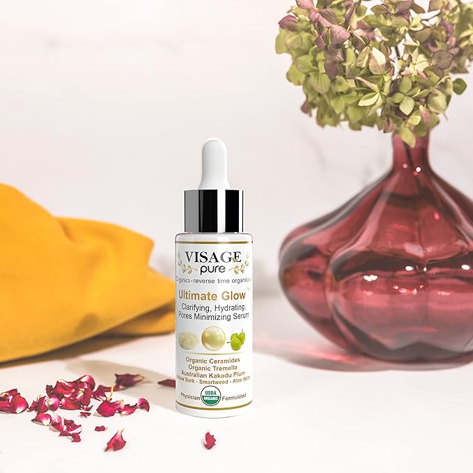 Ultimate Glow - Brightening, Clarifying, Hydrating and Pores Minimizing Face Serum - High Concentration Organic Vitamin C, Phyto-Ceramides, Tremella, and The Pores Cleaning Willow Bark - USDA Organic - Physician Formulated - Research Supported