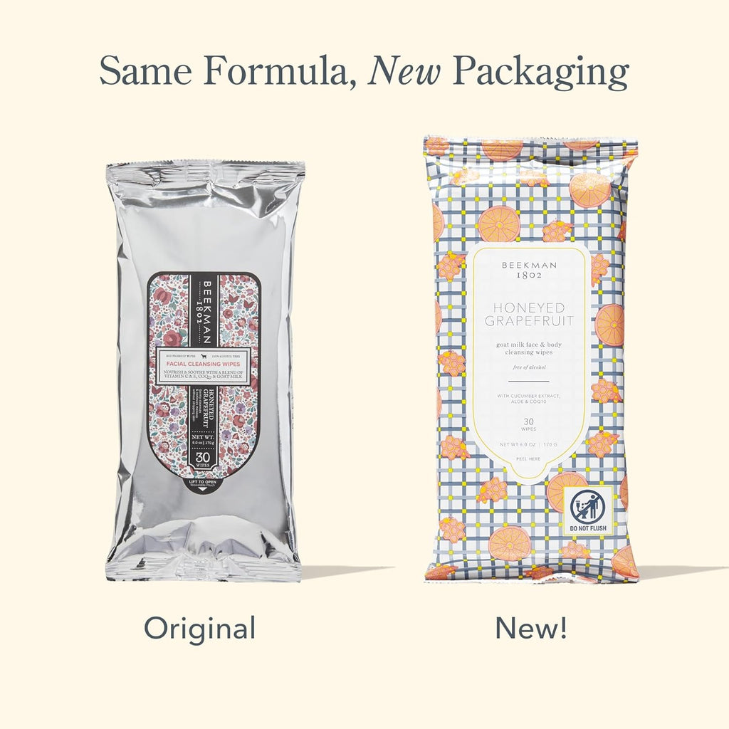 Beekman 1802 Face & Body Wipes, Honeyed Grapefruit - Scented - 30 Count - Cleanses - With Goat Milk, Aloe & Vitamin E - Alcohol Free, Biodegradable - Packaging May Vary